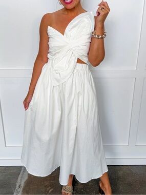 White One-Shoulder Midi Dress with Draped Bow Detail